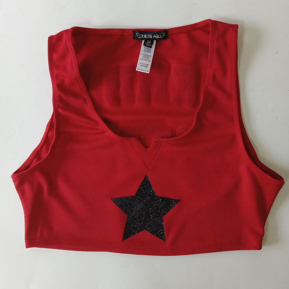 DOLLS KILL Womens Med Derby 666 Cheerleader Halloween Red Crop Tank Top Shirt